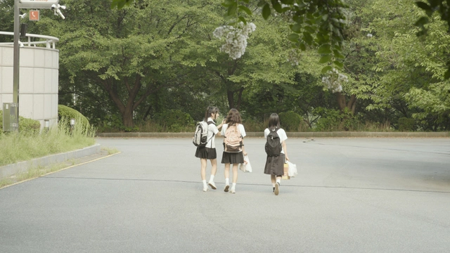 포니, 젤리, 허쉬가 가방을 메고 나란히 길을 걸어가고 있는 뒷모습.